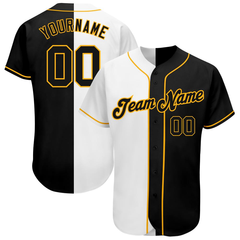 Custom Personalized White Black Gold Split Fashion Baseball Jersey