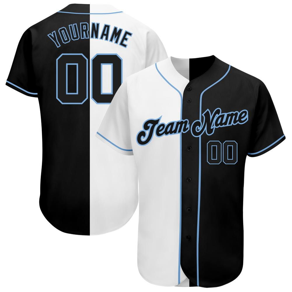 Custom Personalized White Black Light Blue Split Fashion Baseball Jersey