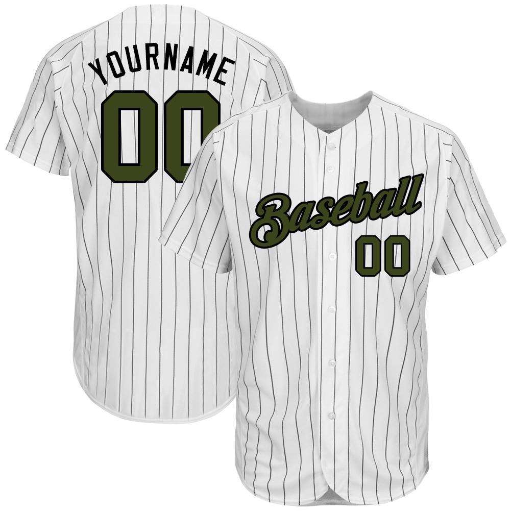 Custom Personalized White Black Strip Olive Black Memorial Day Baseball Jersey