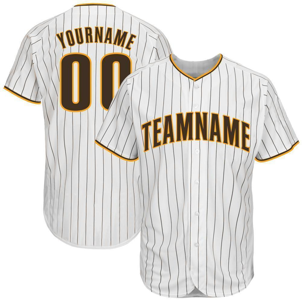 Custom Personalized White Brown Strip Brown Gold Baseball Jersey