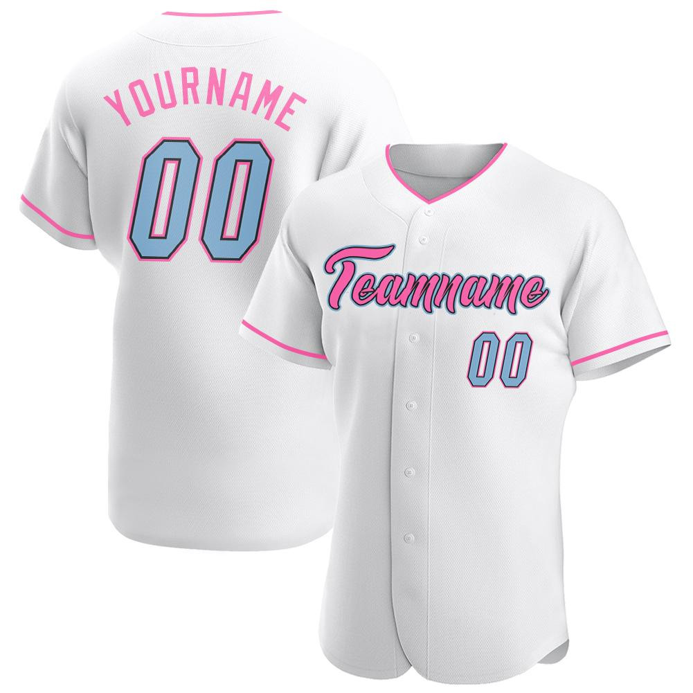 Custom Personalized White Light Blue Pink Baseball Jersey