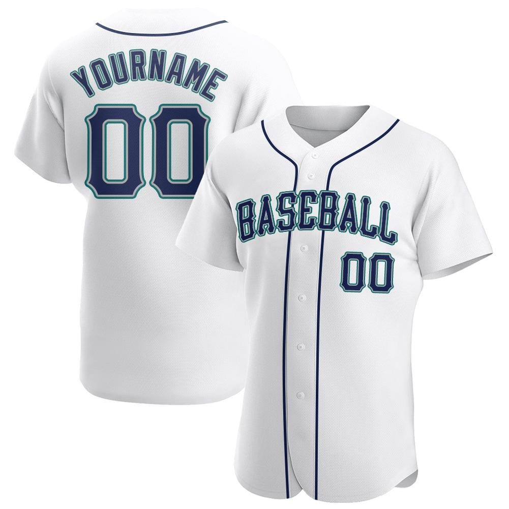 Custom Personalized White Navy Aqua Baseball Jersey