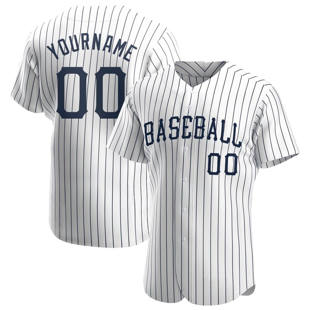 Custom Personalized White Navy Strip Navy Baseball Jersey