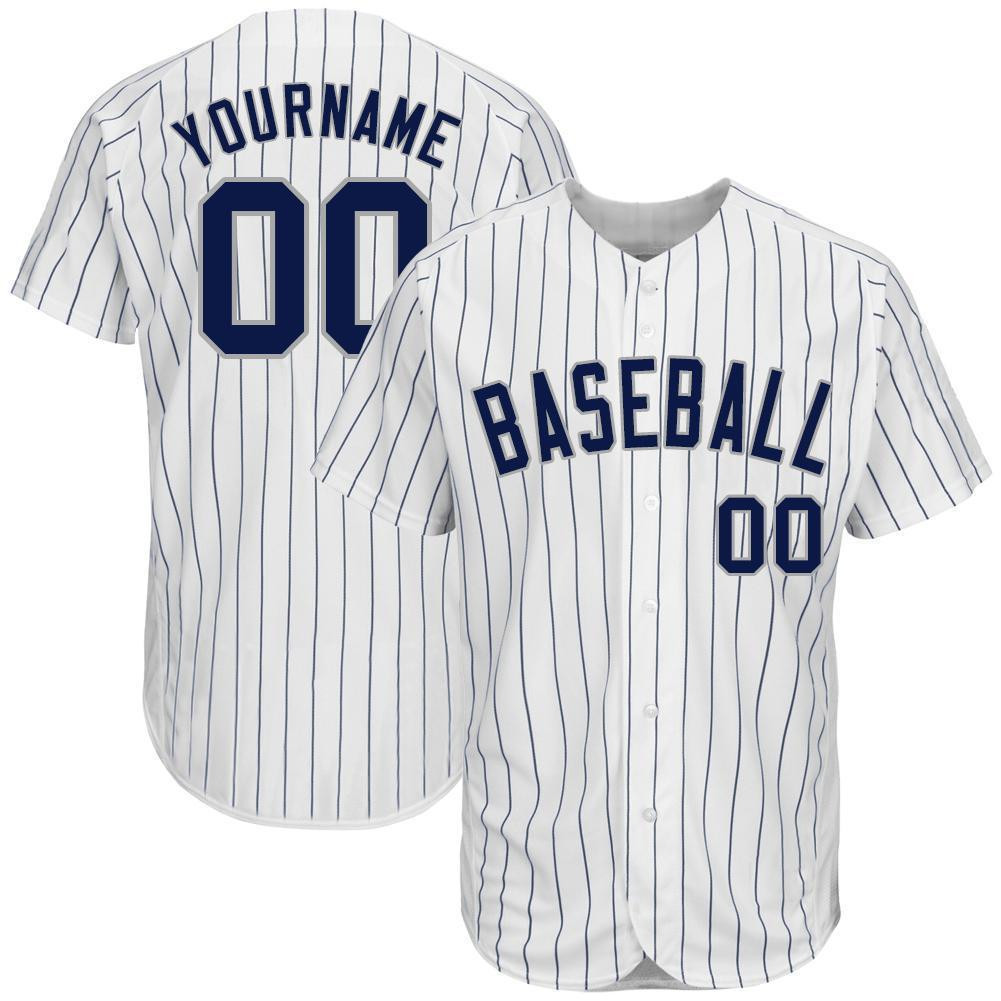 Custom Personalized White Navy Strip Navy Gray Baseball Jersey