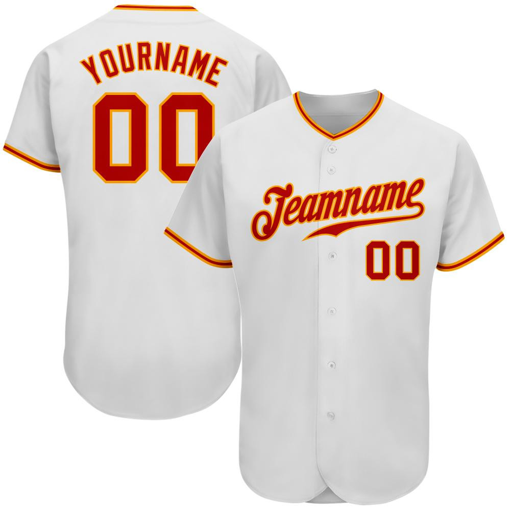 Custom Personalized White Red Gold Baseball Jersey