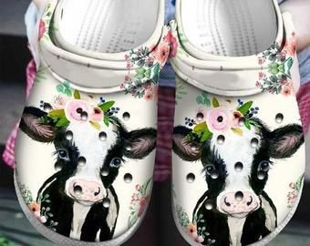 Cute Cow Flowers Crocs 3D Print Cow Crocs Charms Cow Crocs Crocband Clog Gift For Farmer Animal Print Water Shoes