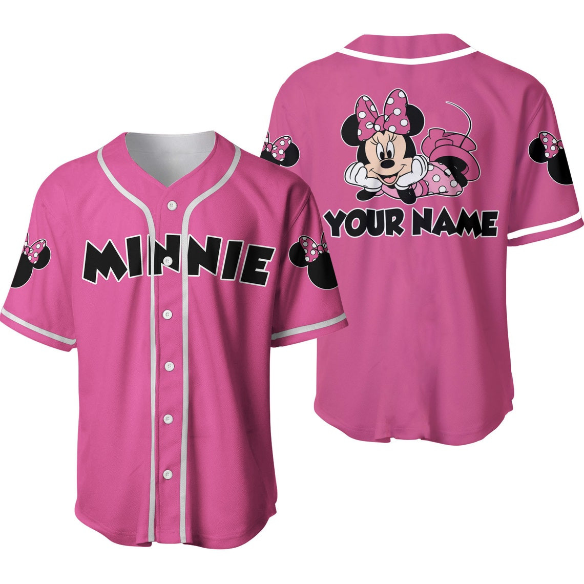 Cute Minnie Mouse Black Pink Disney Unisex Cartoon Custom Baseball Jersey Personalized Shirt Men Women
