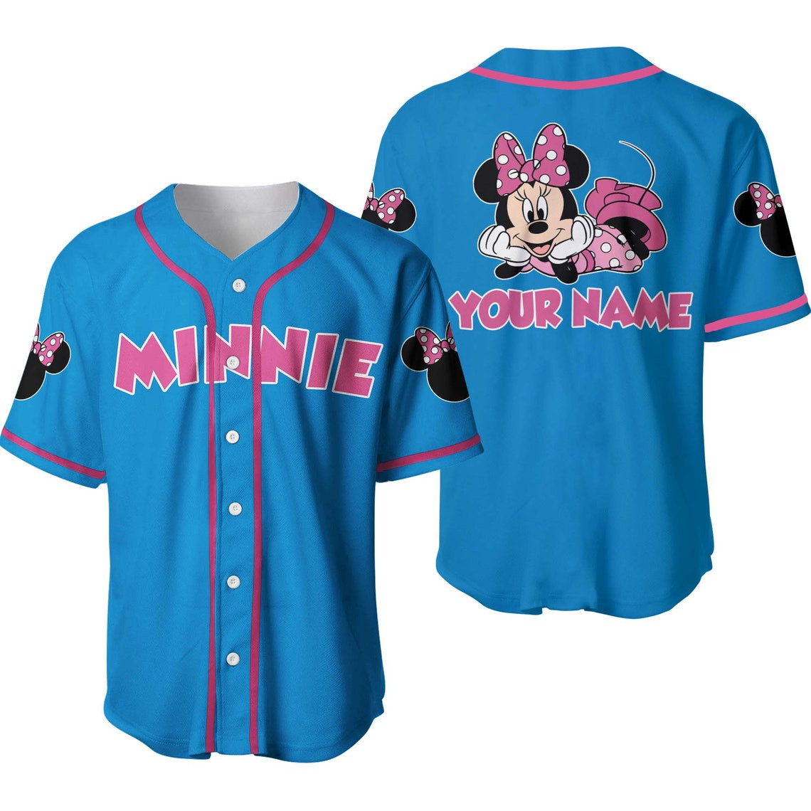 Cute Minnie Mouse Pink Blue Disney Unisex Cartoon Custom Baseball Jersey Personalized Shirt Men Women