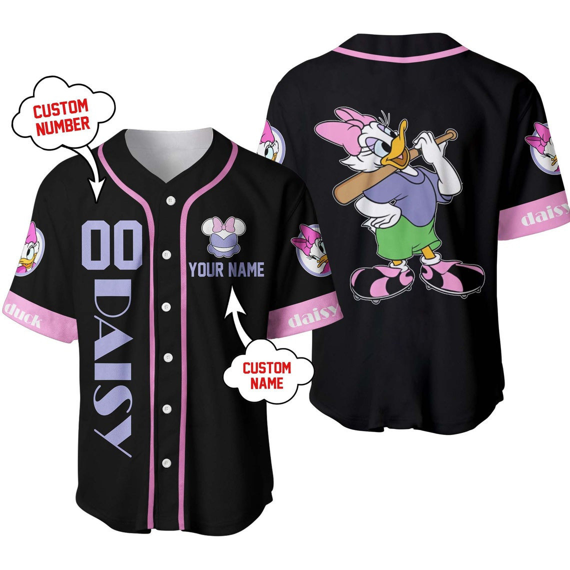 Daisy Duck Black Purple Disney Unisex Cartoon Custom Baseball Jersey Personalized Shirt Men Women