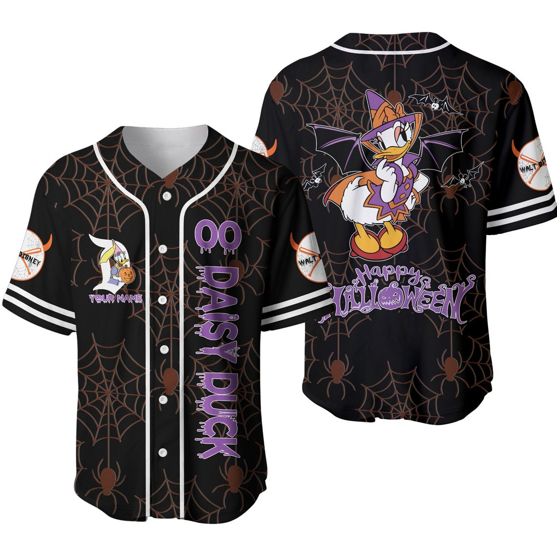 Daisy Duck Black Purple Happy Halloween Disney Unisex Cartoon Custom Baseball Jersey Personalized Shirt Men Women