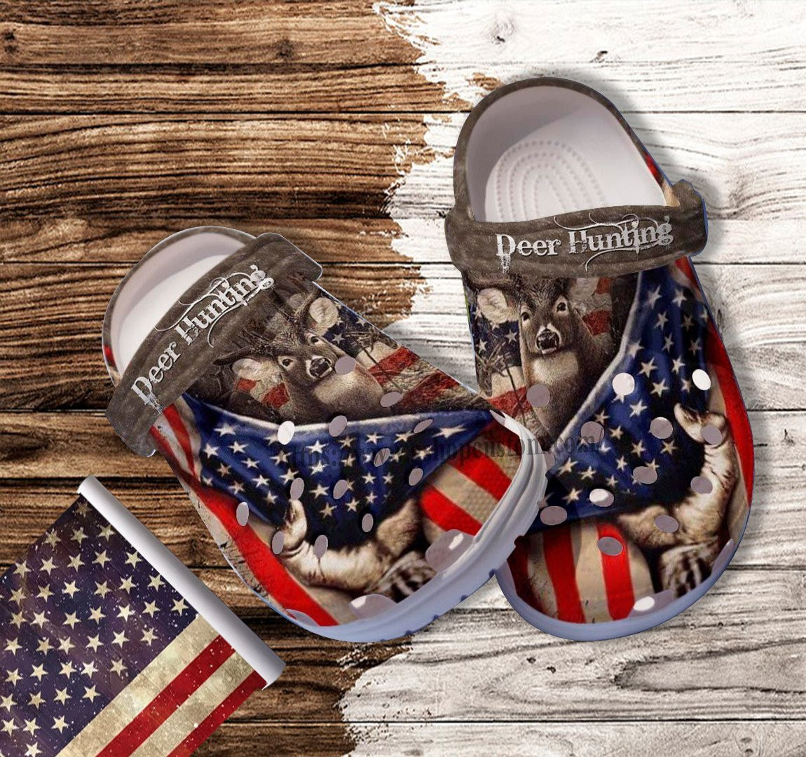 Deer Hunting Behind America Flag Croc Shoes Gift Men Father Day- Deer Hunter Camping Shoes Croc Clogs Gift Uncle
