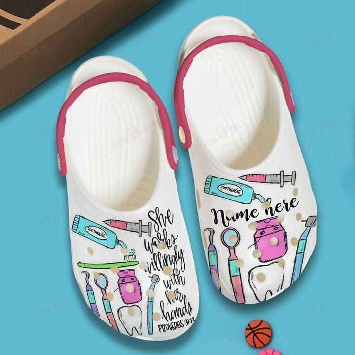 Dentist Personalized White Sole She Works Willingly Crocs Classic Clogs Shoes