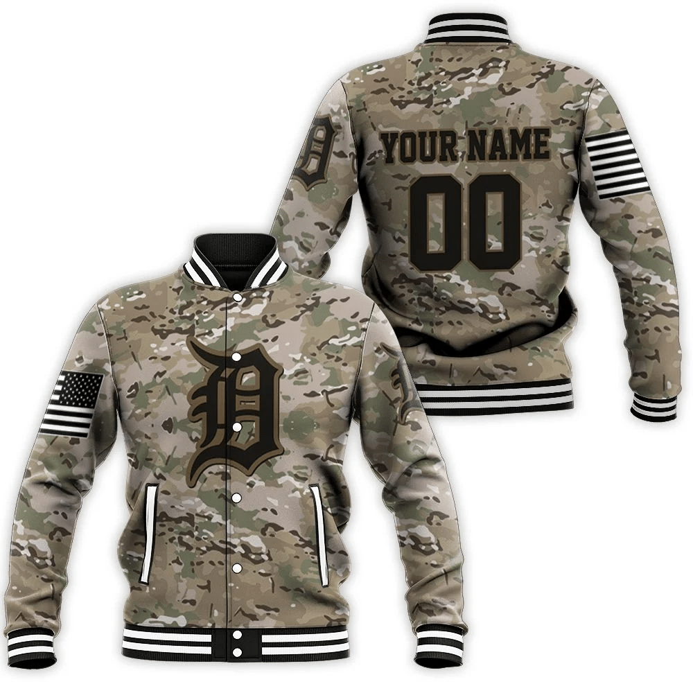 Detroit Tigers Camouflage Veteran Personalized Olive Baseball Jacket for Men Women