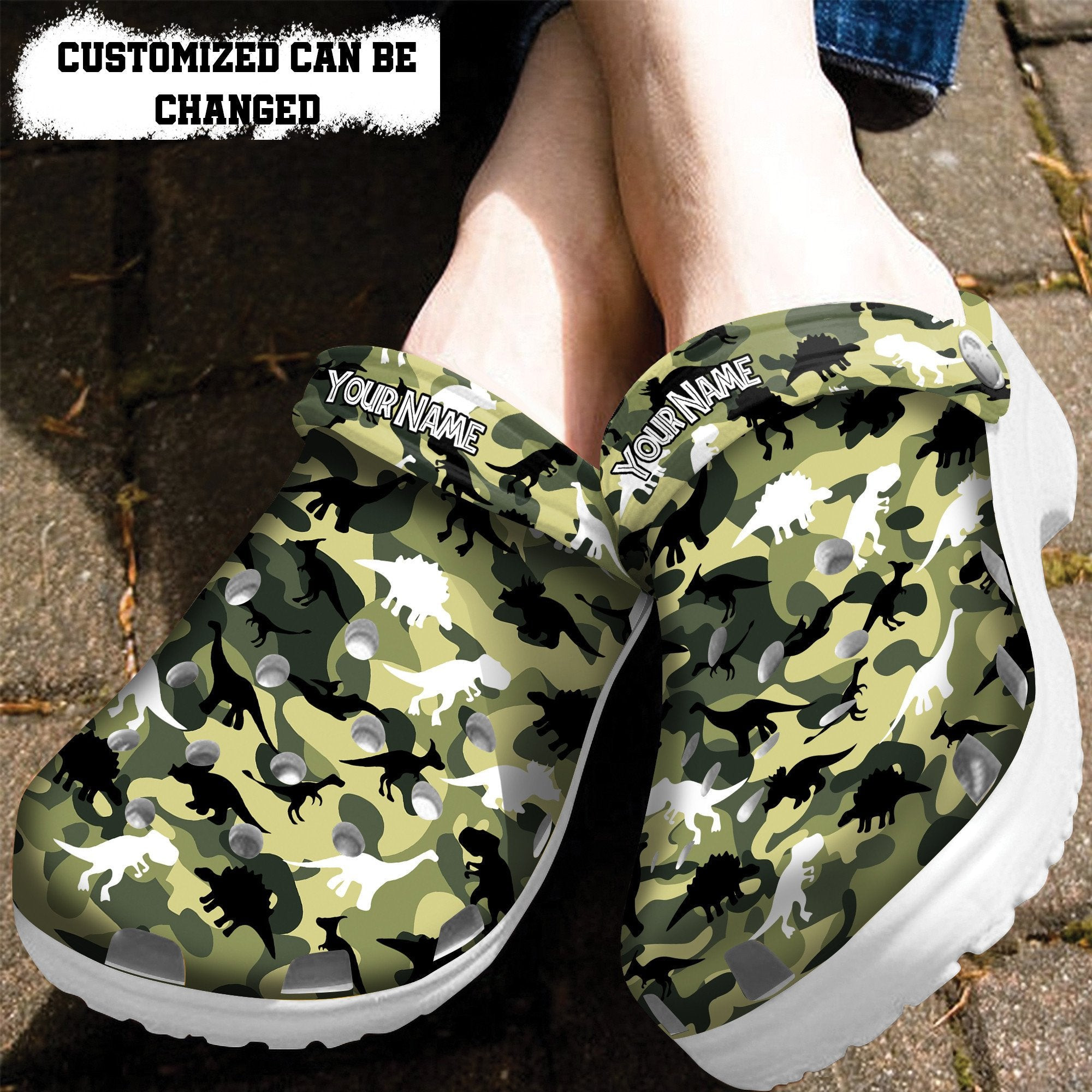 Dinosaur Camo Military Crocs Shoes Gifts Son Husband - Dinosaur Camouflage Shoes Croc Clogs Customize Father Day Gift