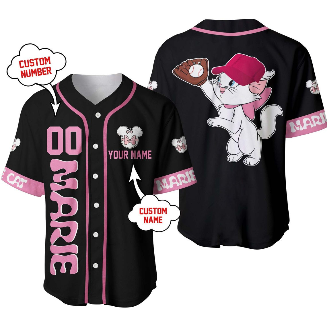 Disney Marie Cat Black Pink Disney Unisex Cartoon Custom Baseball Jersey Personalized Shirt Men Women
