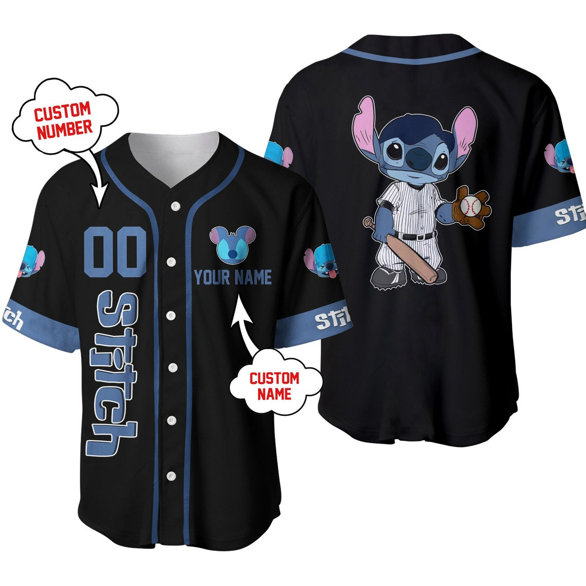 Disney Stitch Black Blue Disney Unisex Cartoon Custom Baseball Jersey Personalized Shirt Men Women