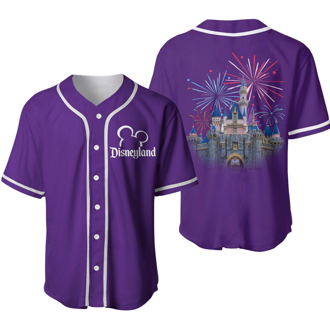 Disneyland Castle Fireworks Purple White Unisex Cartoon Custom Baseball Jersey Personalized Shirt Men Women