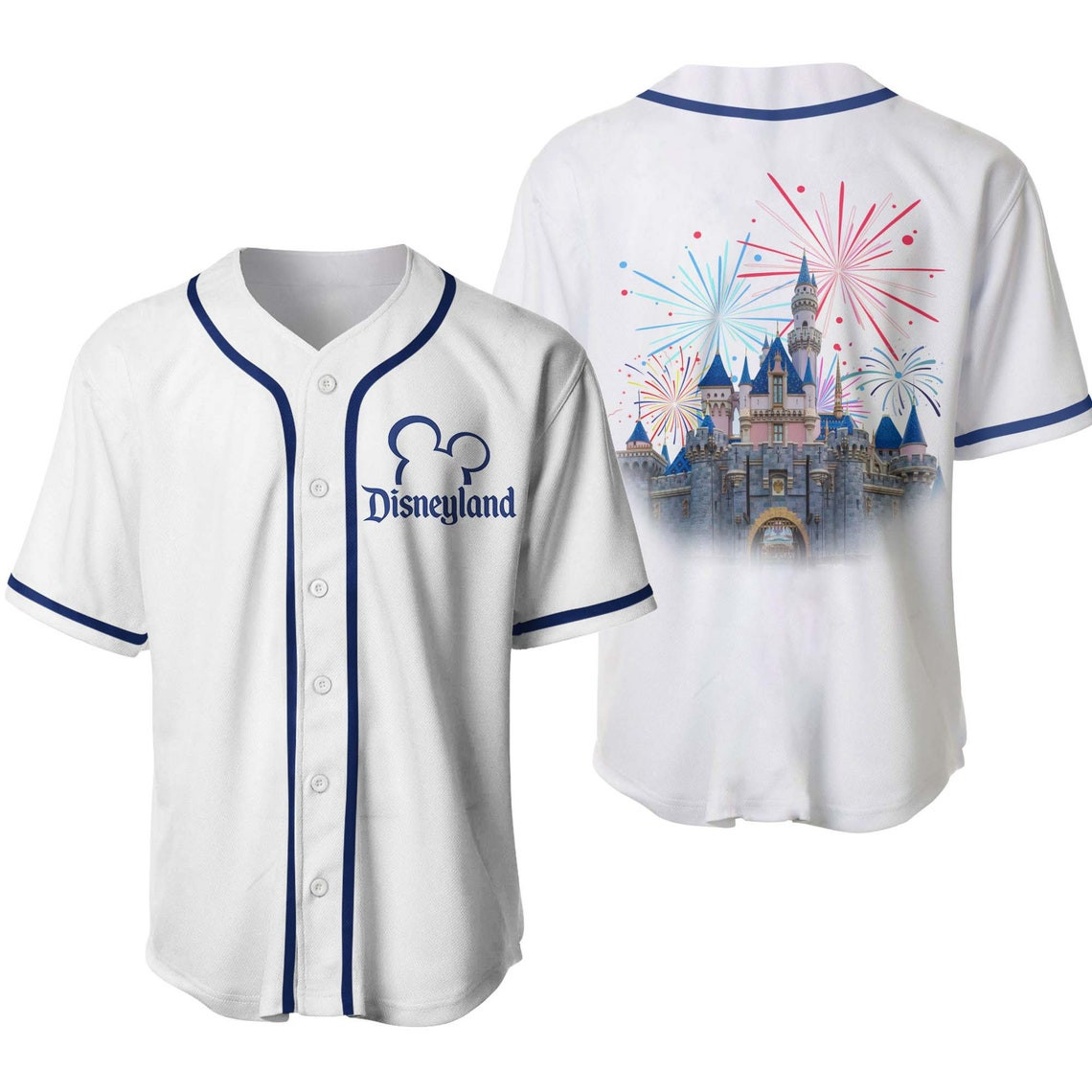 Disneyland Castle Fireworks White Navy Blue Unisex Cartoon Custom Baseball Jersey Personalized Shirt Men Women