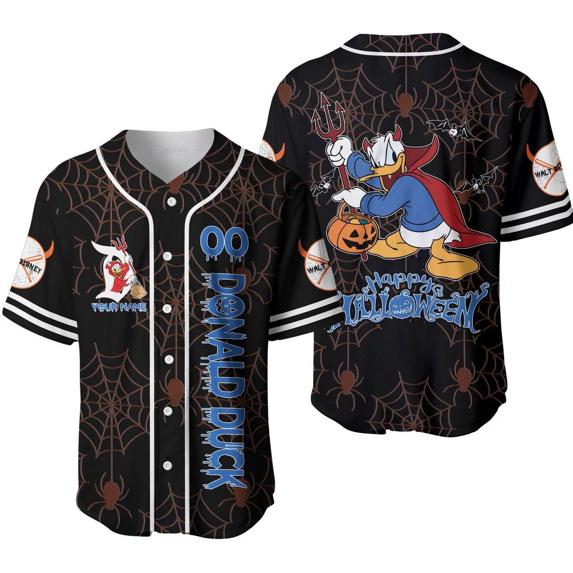 Donald Duck Black Blue Happy Halloween Disney Unisex Cartoon Custom Baseball Jersey Personalized Shirt Men Women