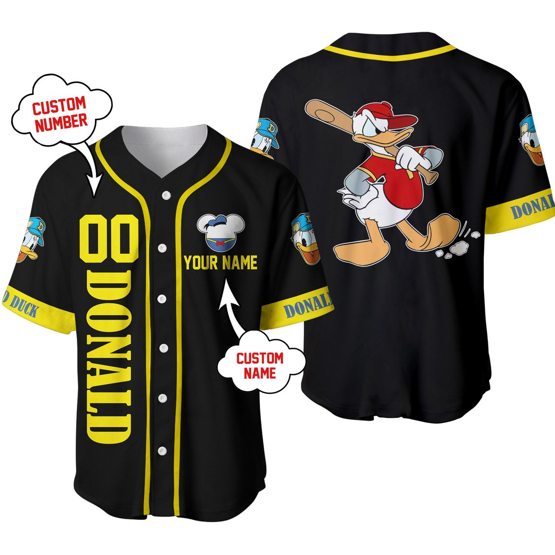 Donald Duck Black Yellow Disney Unisex Cartoon Custom Baseball Jersey Personalized Shirt Men Women