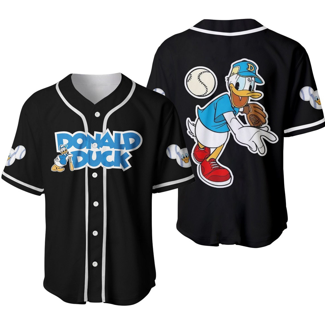Donald Duck Blue Black Cute Disney Unisex Cartoon Custom Baseball Jersey Personalized Shirt Men Women