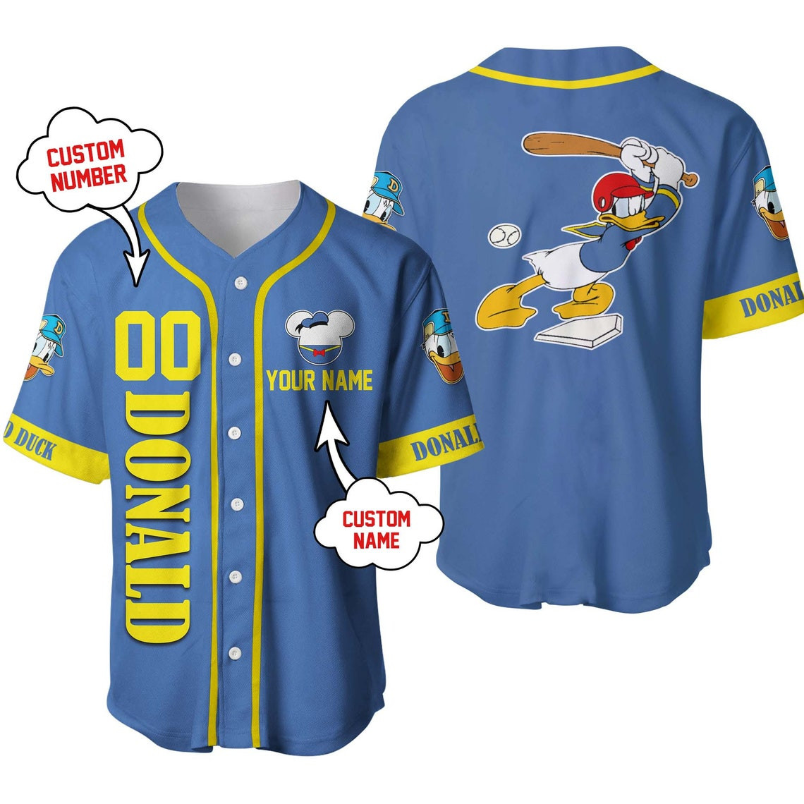 Donald Duck Blue Disney Unisex Cartoon Custom Baseball Jersey Personalized Shirt Men Women