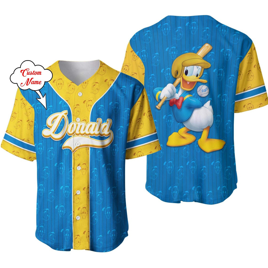 Donald Duck Blue Yellow Patterns Disney Unisex Cartoon Custom Baseball Jersey Personalized Shirt Men Women