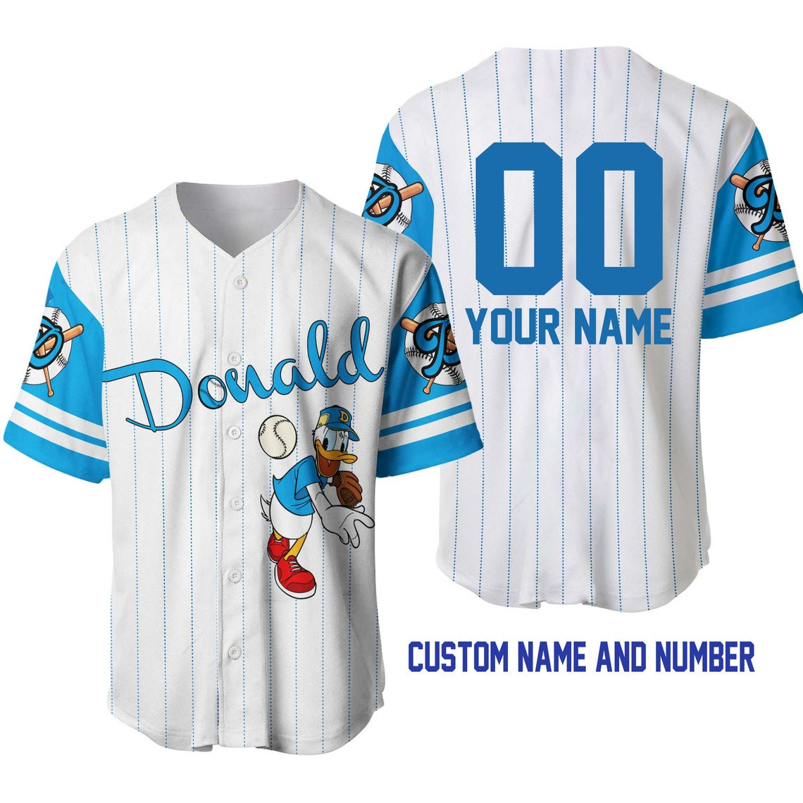 Donald Duck White Blue Disney Unisex Cartoon Custom Baseball Jersey Personalized Shirt Men Women