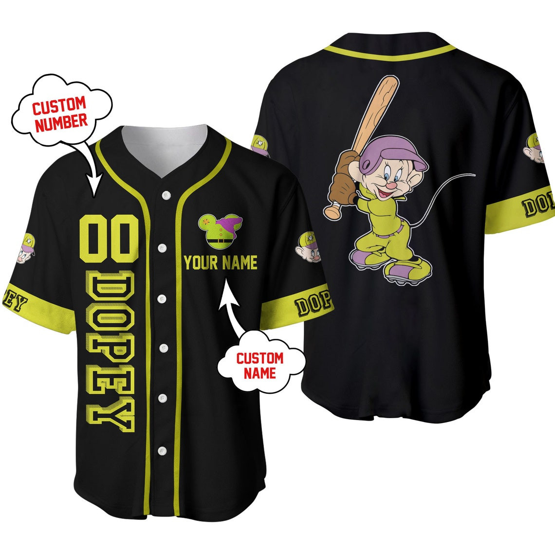 Dopey Dwarf Black Disney Unisex Cartoon Custom Baseball Jersey Personalized Shirt Men Women