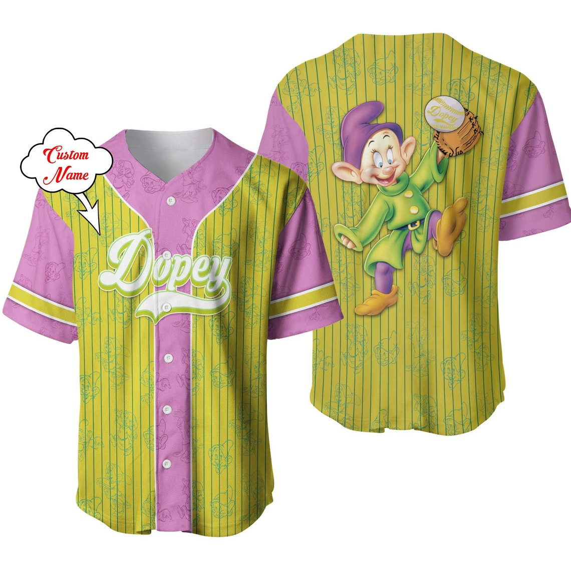 Dopey Dwarf Green Purple Patterns Disney Unisex Cartoon Custom Baseball Jersey Personalized Shirt Men Women