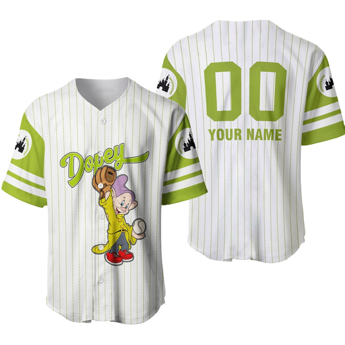 Dopey Dwarf Green White Disney Unisex Cartoon Custom Baseball Jersey Personalized Shirt Men Women Kid