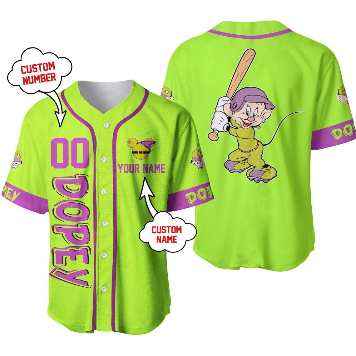 Dopey Dwarf Neon Green Purple Black Disney Unisex Cartoon Custom Baseball Jersey Personalized Shirt Men Women