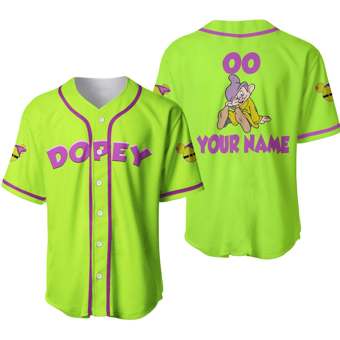 Dopey Dwarf Neon Green Purple Disney Unisex Cartoon Custom Baseball Jersey Personalized Shirt Men Women