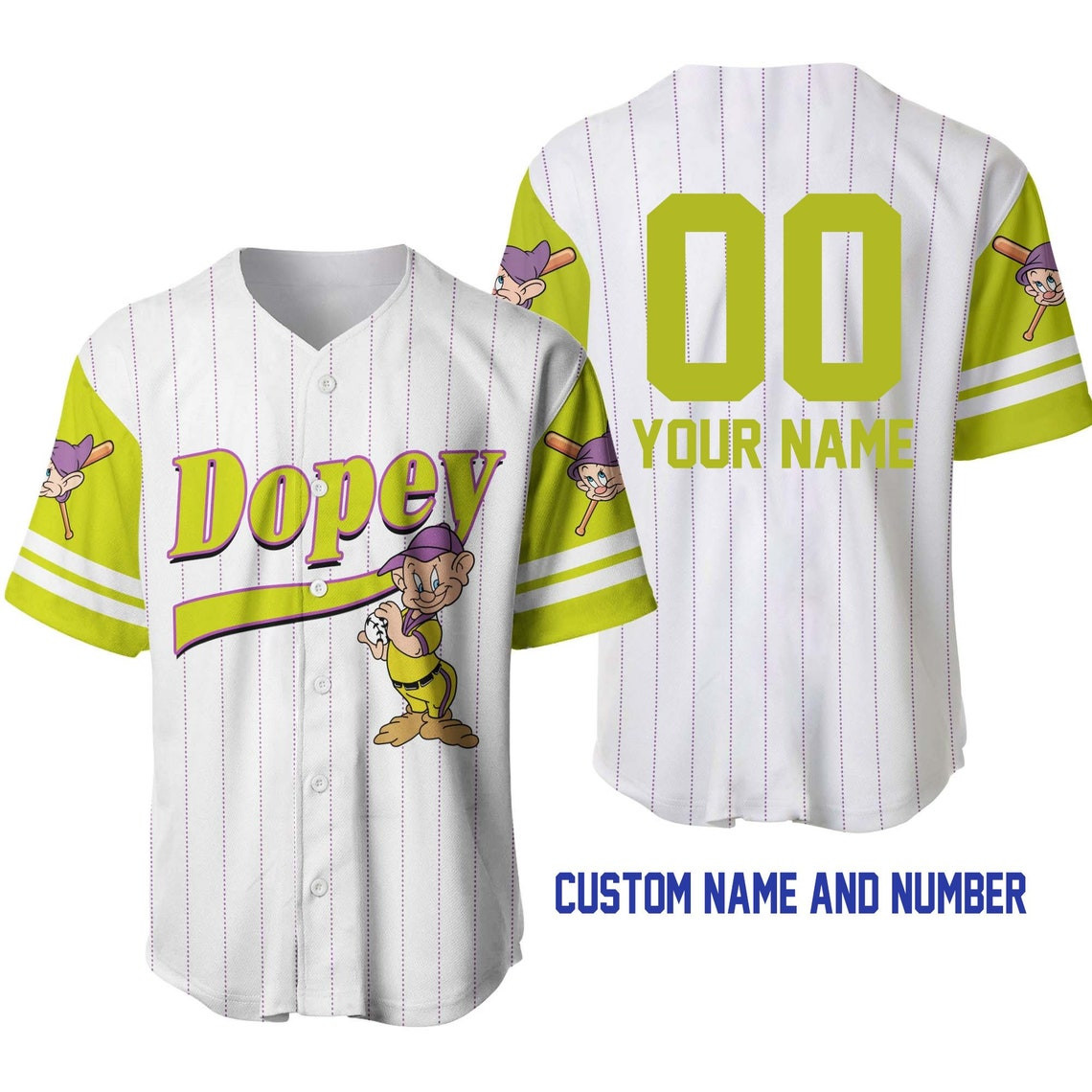 Dopey Dwarf White Chartreuse Disney Unisex Cartoon Custom Baseball Jersey Personalized Shirt Men Women