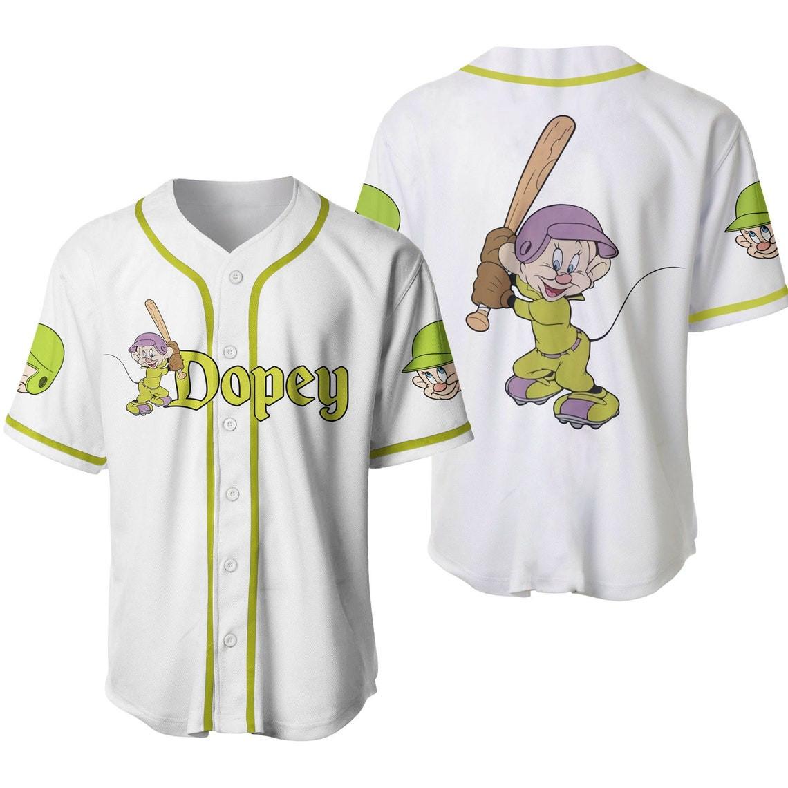 Dopey Dwarf White Green Disney Unisex Cartoon Custom Baseball Jersey Personalized Shirt Men Women
