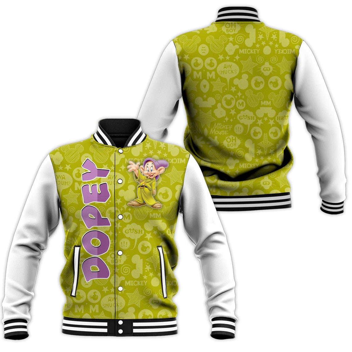 Dopey Green White Disney Cartoon Personalized Baseball Jacket for Men Women