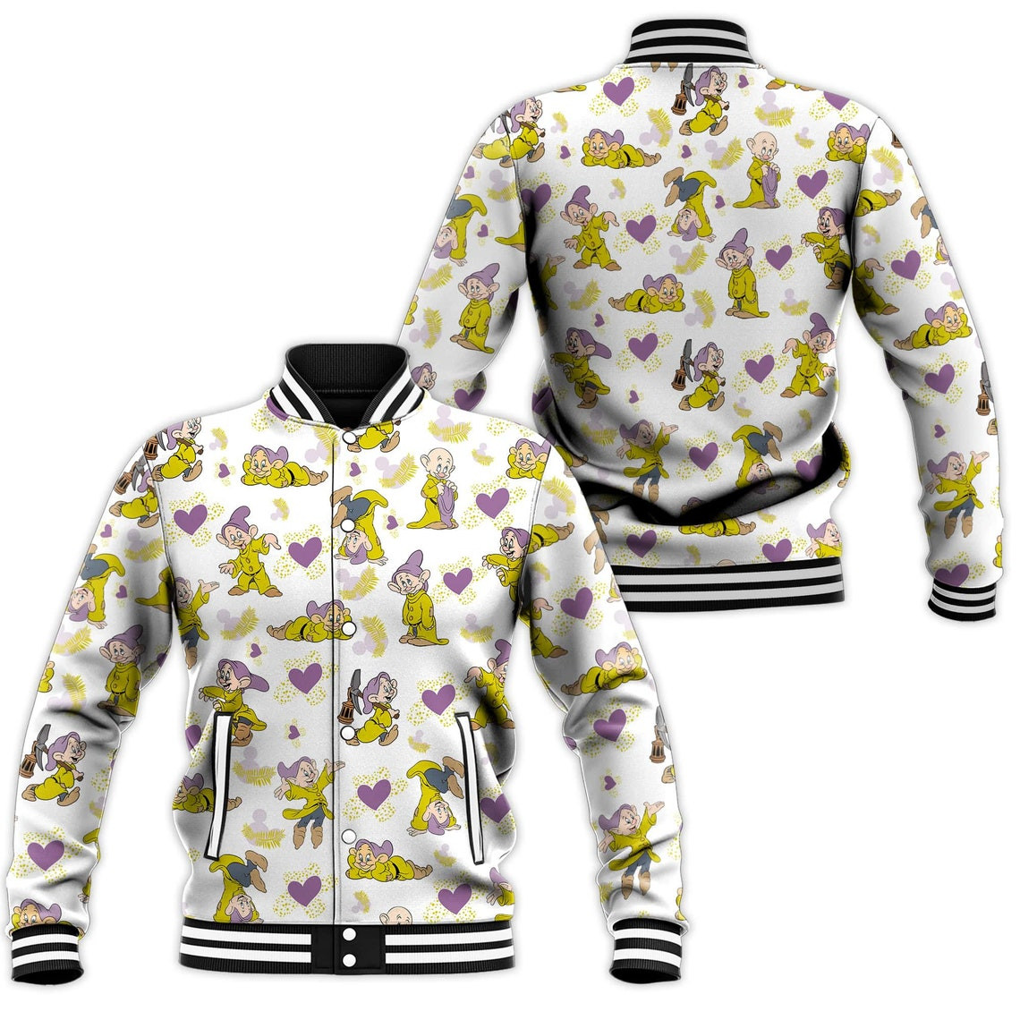 Dopey Pattern Disney Cartoon Personalized Baseball Jacket for Men Women