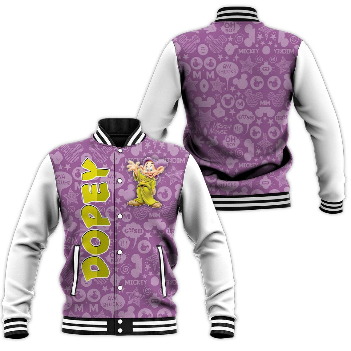 Dopey Purple White Disney Cartoon Personalized Baseball Jacket for Men Women