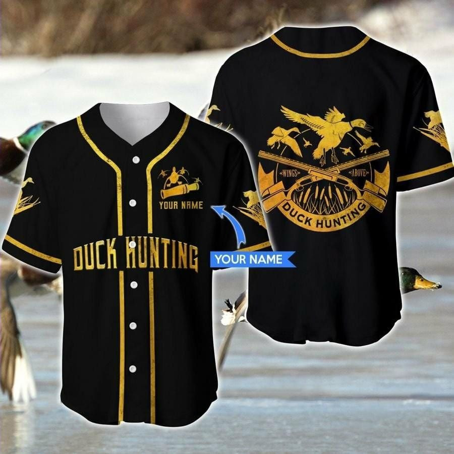 Duck Hunting Black And Gold Custom Name Baseball Jersey