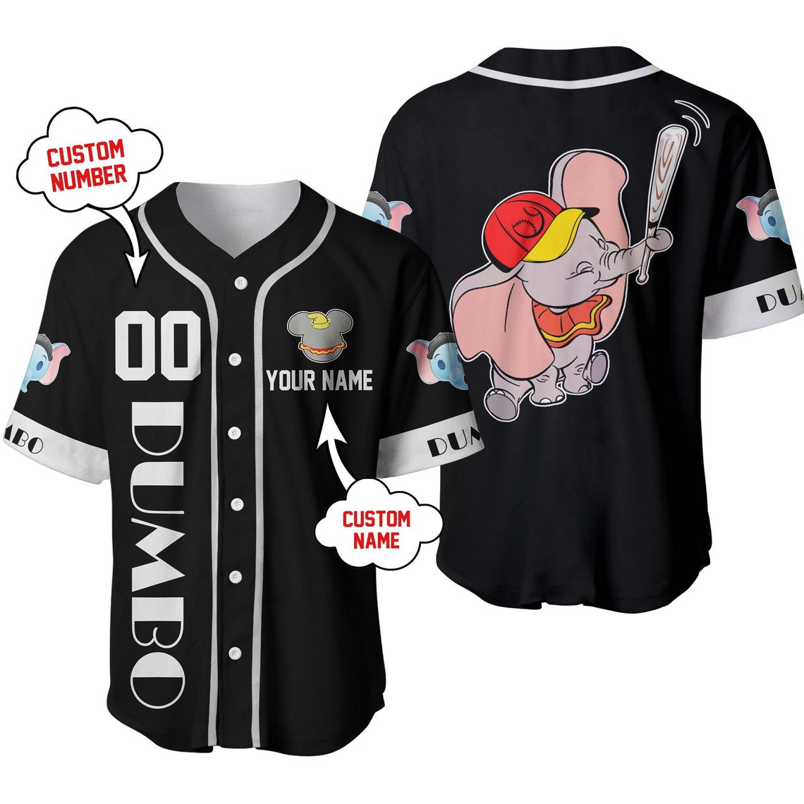 Dumbo Elephant Black White Disney Unisex Cartoon Custom Baseball Jersey Personalized Shirt Men Women