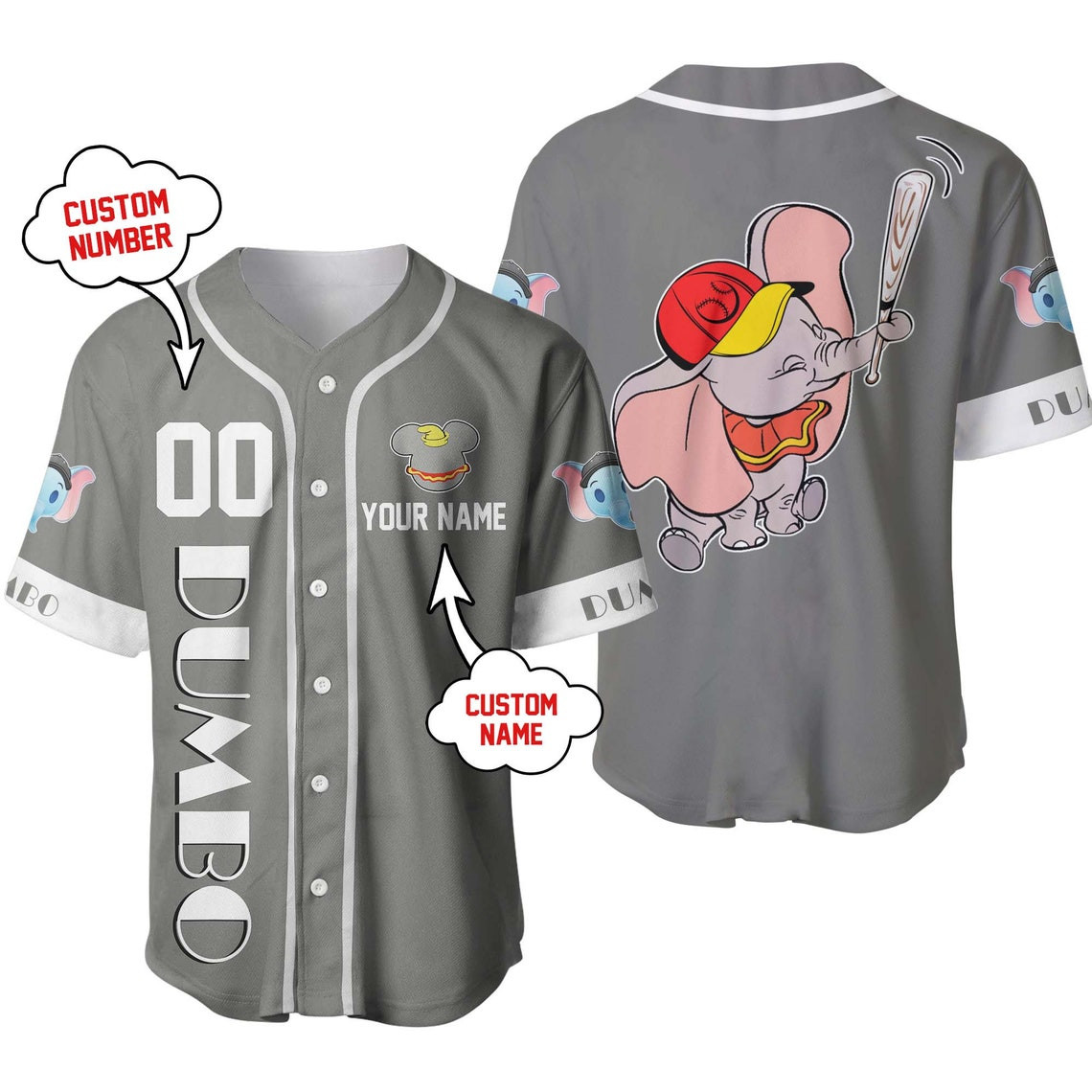 Dumbo Elephant Custom name Disney Unisex Cartoon Custom Baseball Jersey Personalized Shirt Men Women