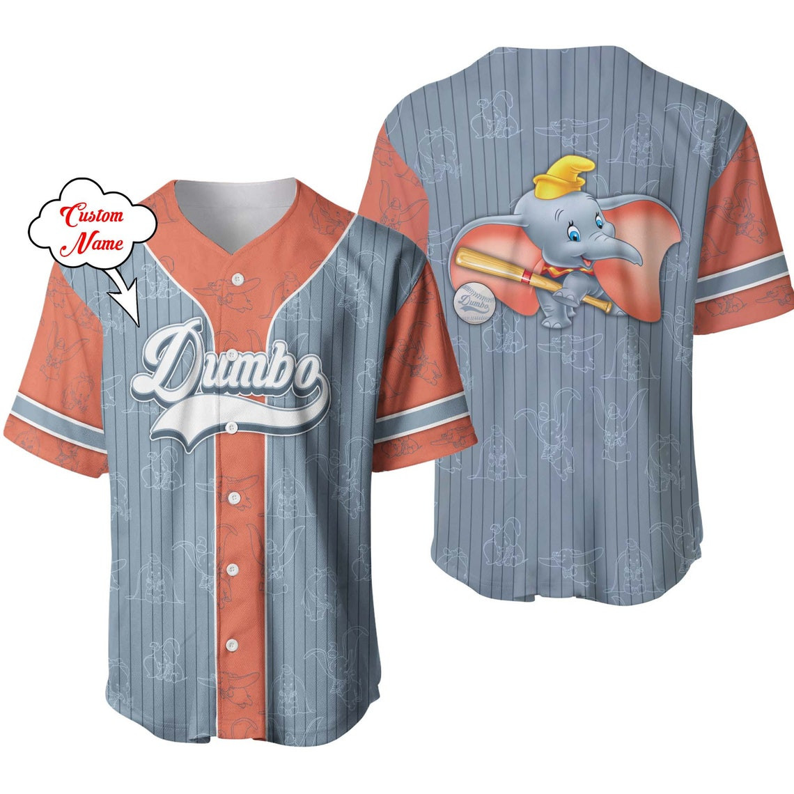 Dumbo Elephant Orange Gray Patterns Disney Unisex Cartoon Custom Baseball Jersey Personalized Shirt Men Women