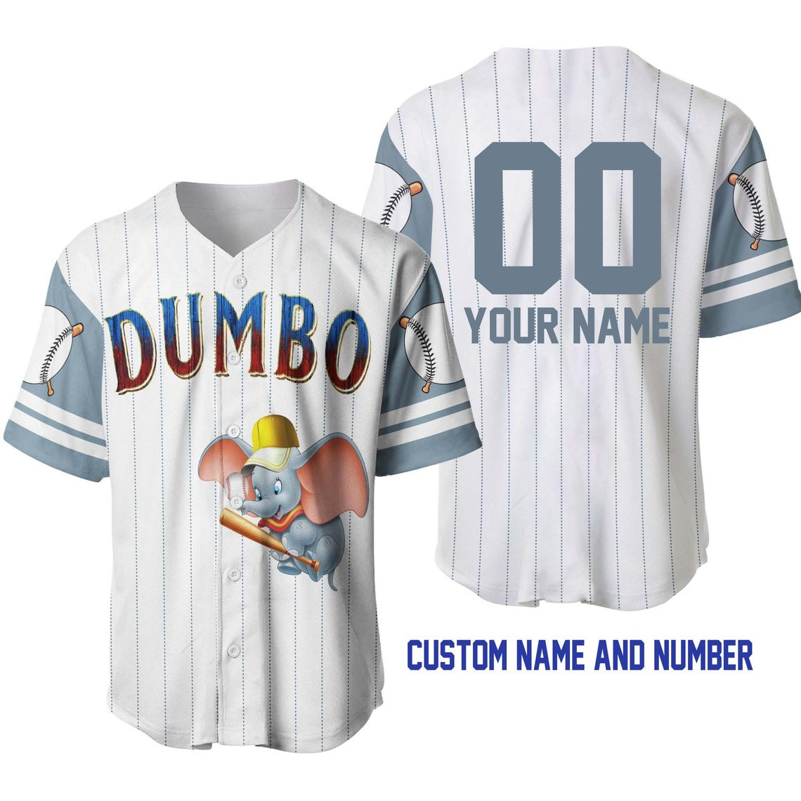 Dumbo Elephant White Light Grey Disney Unisex Cartoon Custom Baseball Jersey Personalized Shirt Men Women