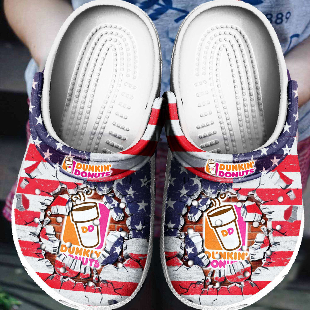 Dunkin Donuts Coffee Drink American Flag Gift Rubber Crocs Clog Shoes Comfy Footwear