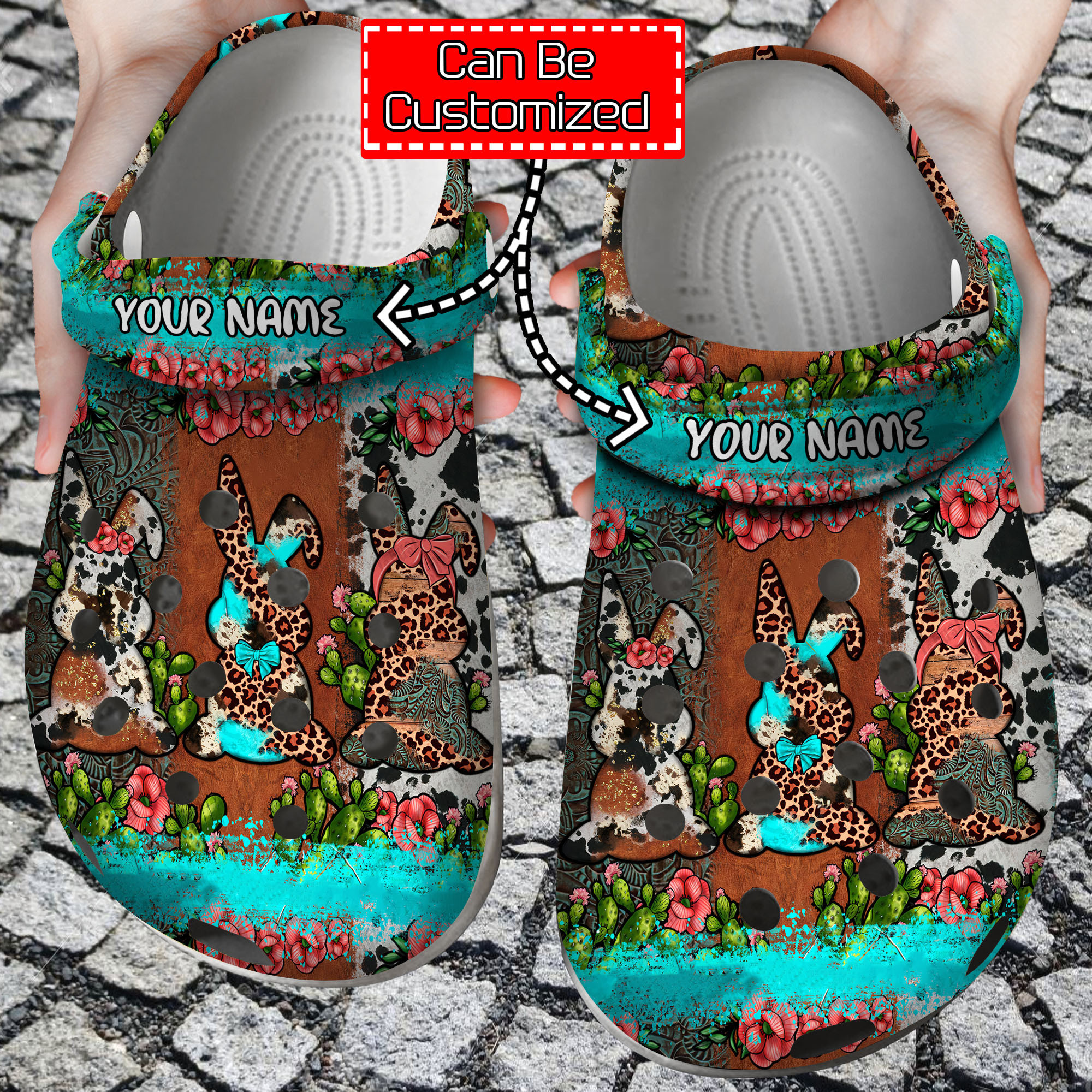 Easter Crocs Personalized Easter Bunnies Leopard Cowhide Cactus Clog Shoes