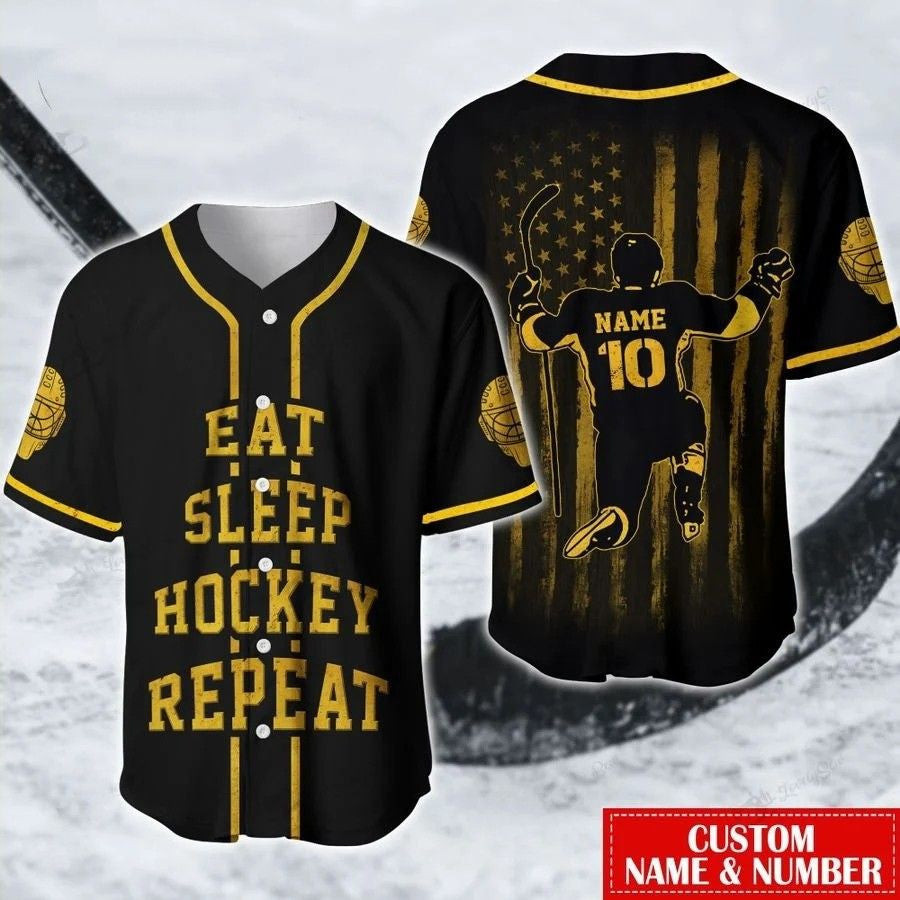 Eat Sleep Hockey Repeat Flag Personalized And Number Baseball Jersey, Unisex Jersey Shirt for Men Women