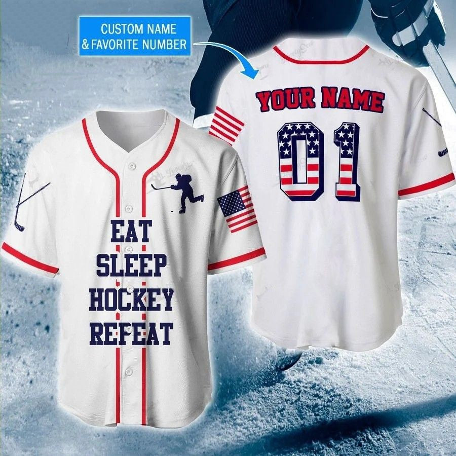 Eat Sleep Hockey Repeat Personalized And Number Baseball Jersey