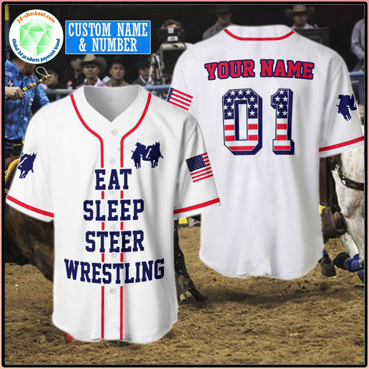 Eat Sleep Steer Wrestling Personalized And Number Baseball Jersey