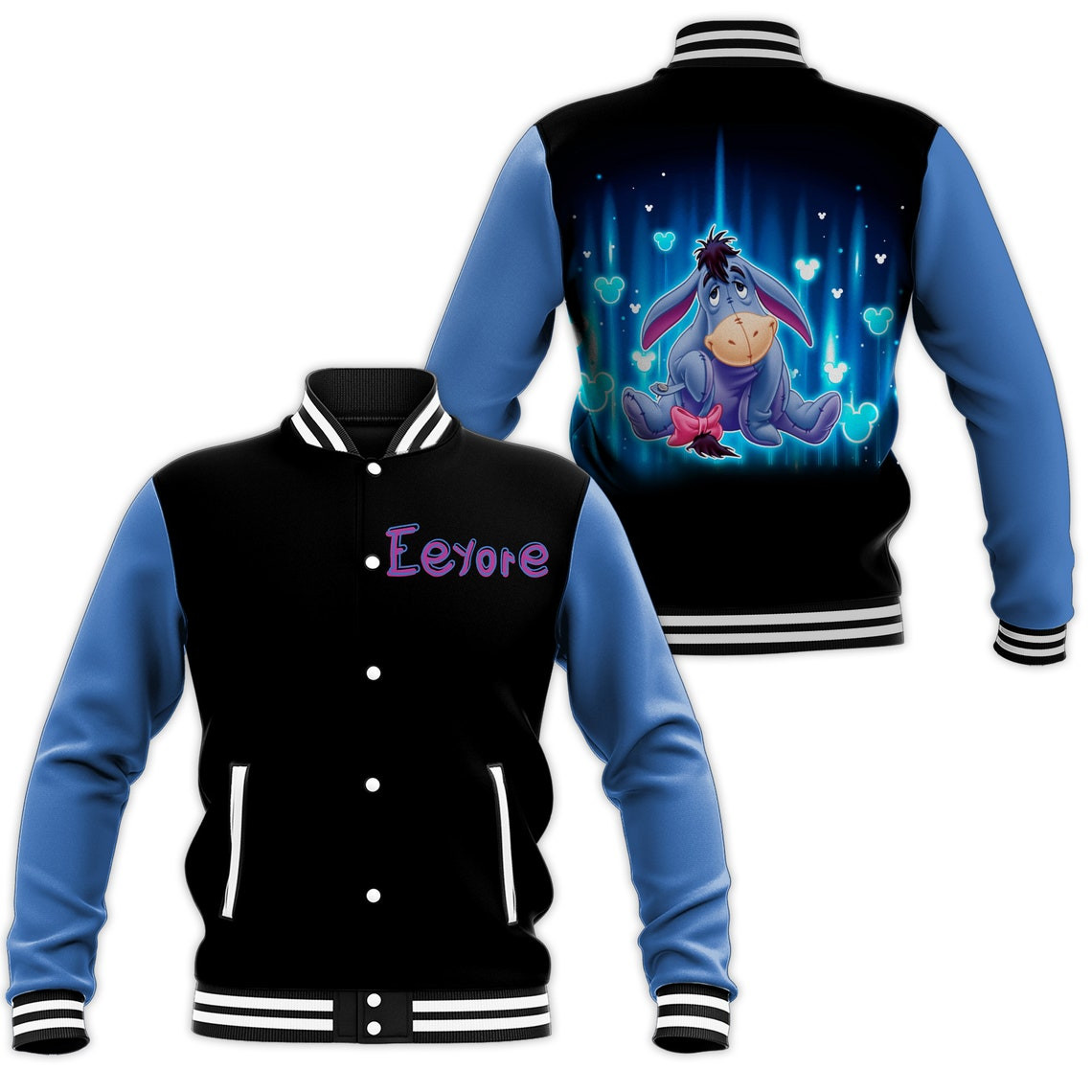 Eeyore Black Blue Disney Cartoon Personalized Baseball Jacket for Men Women