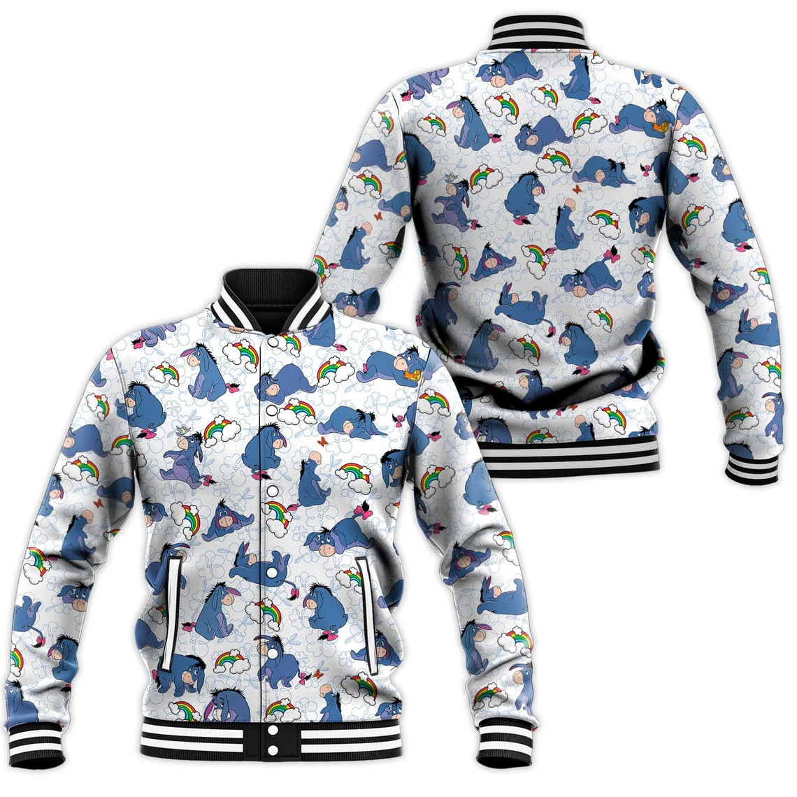 Eeyore Blue White Disney Cartoon Personalized Baseball Jacket for Men Women